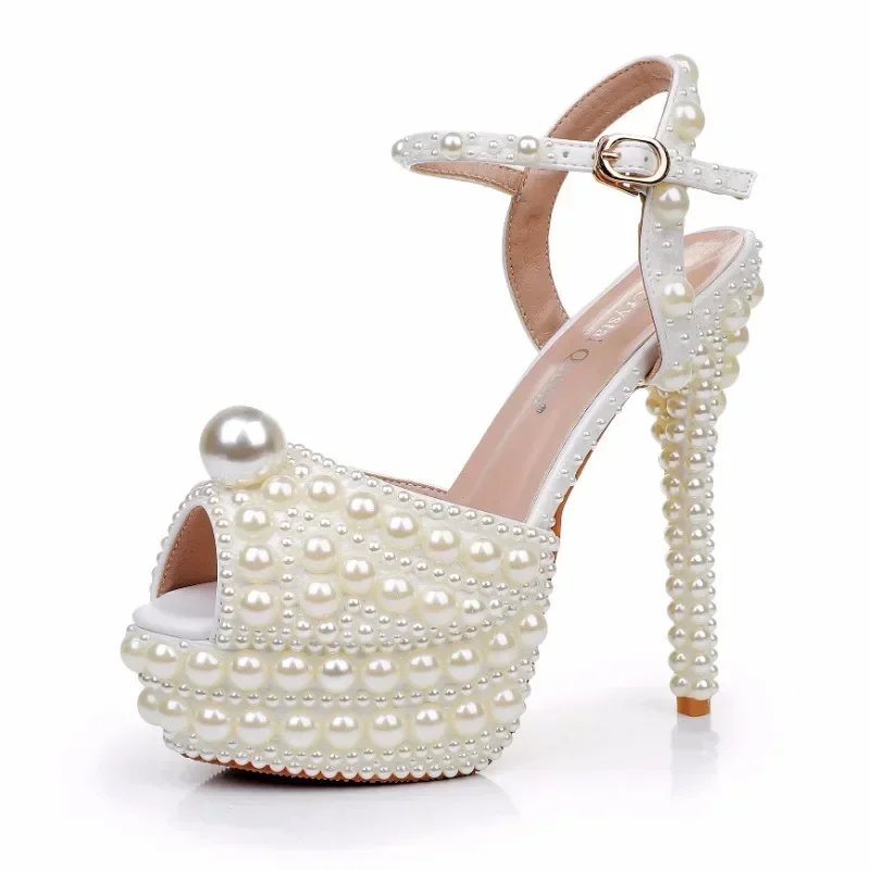 

New All White Pearl/Lace 14cm High Heel Sandals Women's Fish Mouth Waterproof Platform Bridal Wedding Dress High-heeled Shoes 41