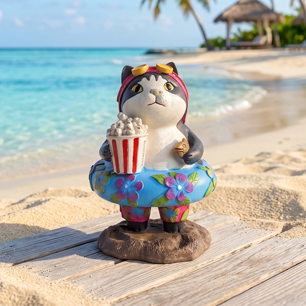 Cute British Shorthair Cat Resin Figurine Summer Beach Kitten Statue Kawaii Animal Miniature Sculpture Home Desk Car Decoration