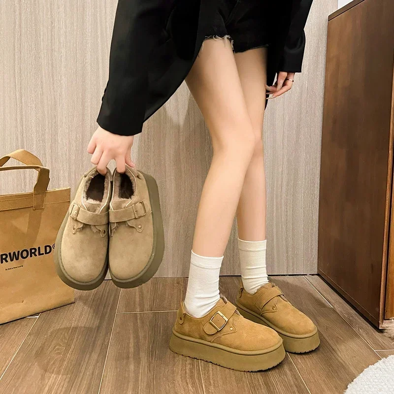 

Women's Thick-soled Shallow-cut Snow Boots Plush Lining Round Head Sleeve Platform Shoes Suede Buckle Keep Warm Shoes for Women