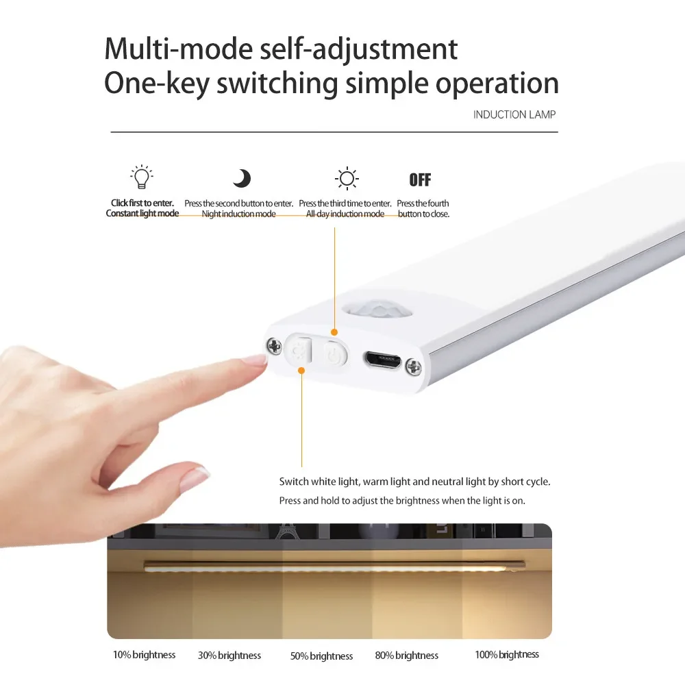 Sensor de movimento Wireless LED Night Light, USB recarregável Lamp for Closet Wardrobe, armário, cozinha, sala, iluminação do corredor