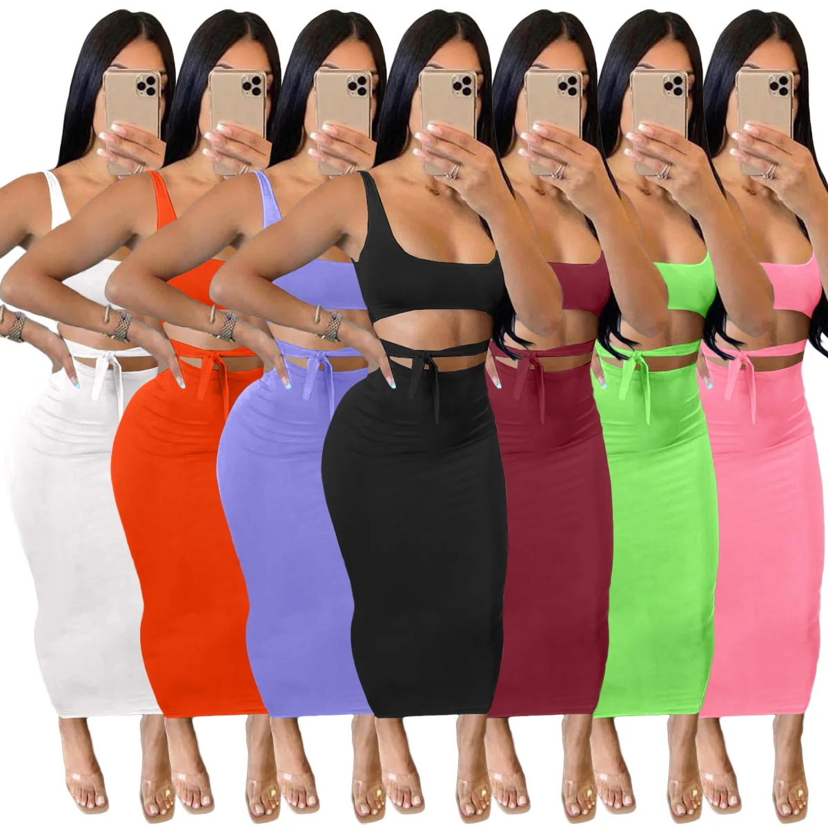 High-waisted Hollowed-out Lace-up Women's Clothing New Spring Summer Solid-color Suspender Belly-showing Multi-color Skirt Set