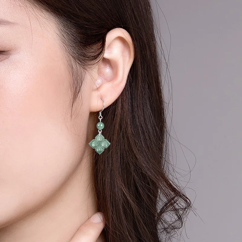 Genuine Natural Burmese Blue Emerald Clover Earring Hand-carved Fashion Charm Jewelry Accessories Luxury Amulet Gifts for Women