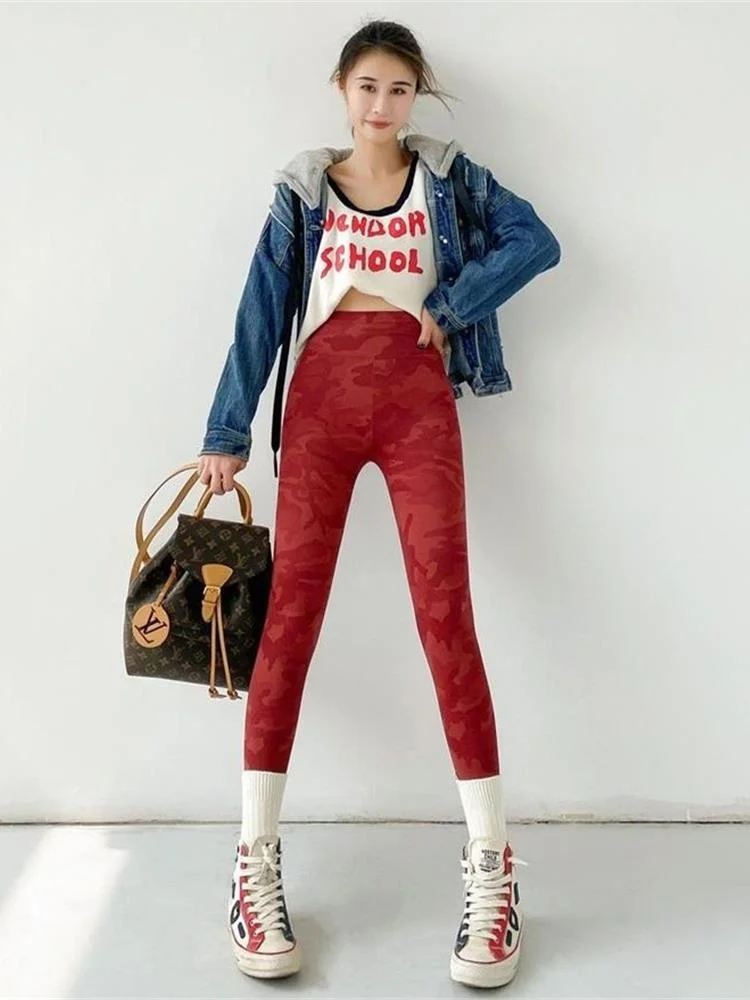 Primavera otoño camuflaje nueve puntos piel de arca pantalones de yoga escalada al aire libre elástico abdomen apretar deportes fitn...