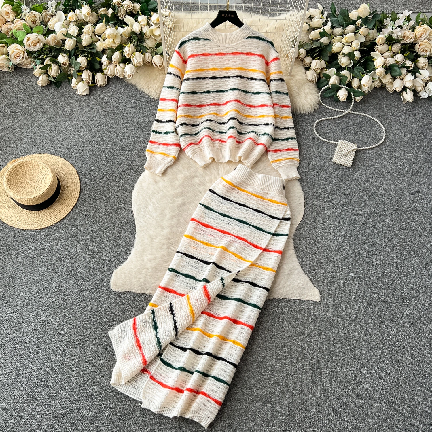

Vintage Women Knitted Skirt Set Fashion Striped O-neck Loose Pullovers Sweater+Split Long Skirts 2025 New 2 Pieces Outfit Suits