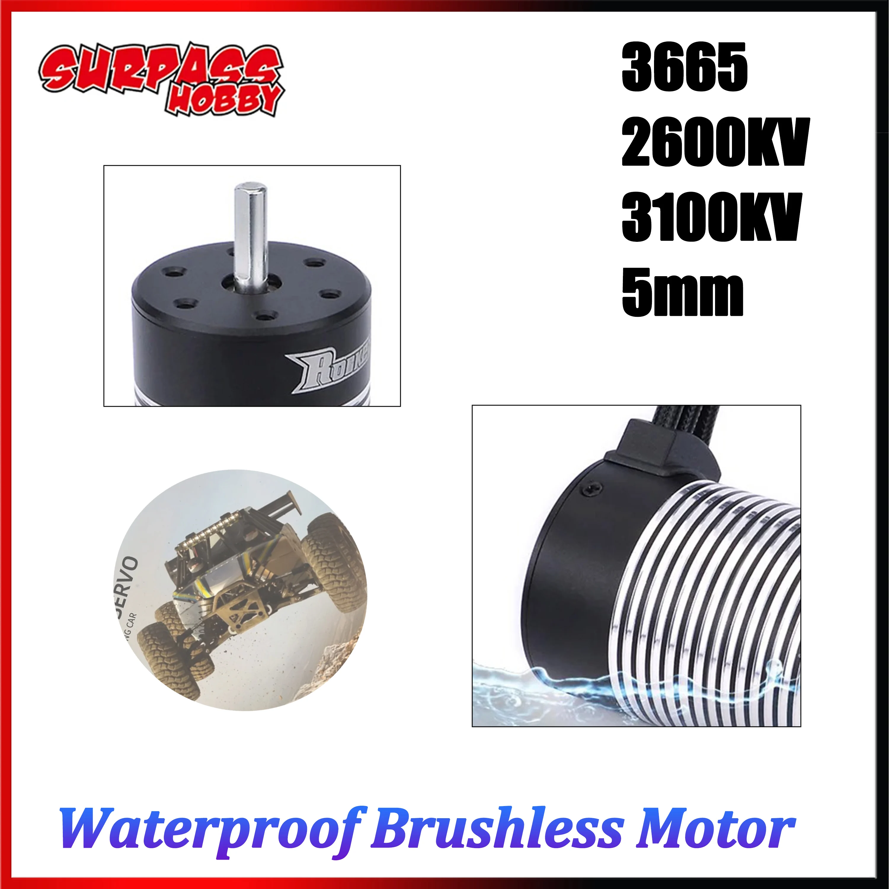 Surpass Hobby 3665 Waterproof Brushless Sensorless Motor 2600KV 3100KV 5mm Shaft for RC Car Truck Crawler Toy WLtoy Axial SCX10