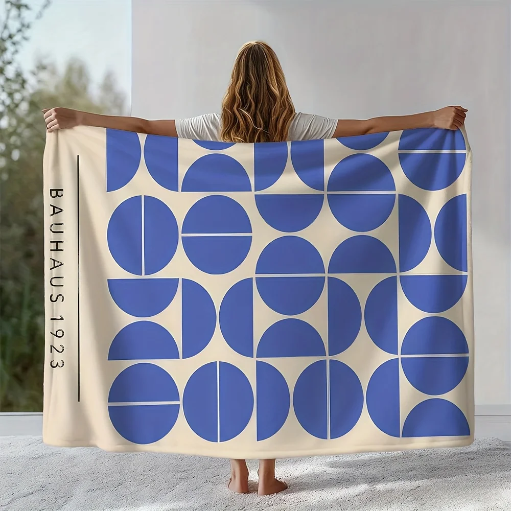 Bauhaus 1923 Geometric Flannel Throw Blanket, Blue Semi Circle Abstract Print Soft Warm Blanket for Sofa Bedroom Home Decor