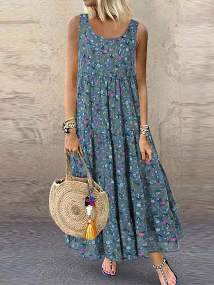 Kwiatowa sukienka bez rękawów Boho Casual Dress Women Summer Fashion O Neck Elegant Office Holiday Beach Party Dresses Robe Femme