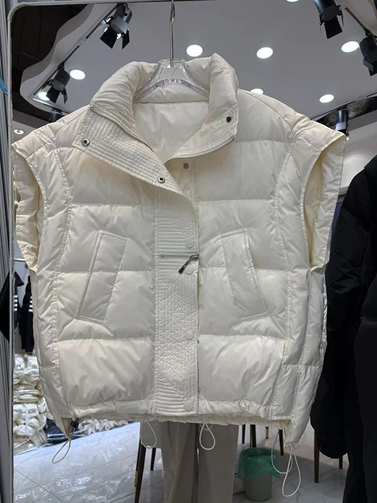 

Autumn Winter Warm Puff Stand Collar Down Vest Female Double Zipper Thick Waistcoat Coat Women Sleeveless White Duck Down Vest