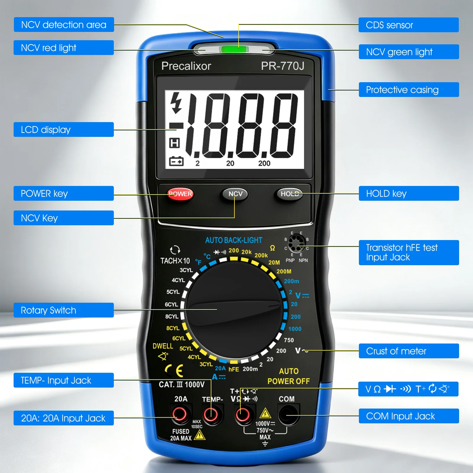 Automotive Digital Multimeter 20A AC/DC Voltmeter Ohmmeter RPM Tach Dwell Tester NCV Detector Temp Probe Backlight Auto Off Car