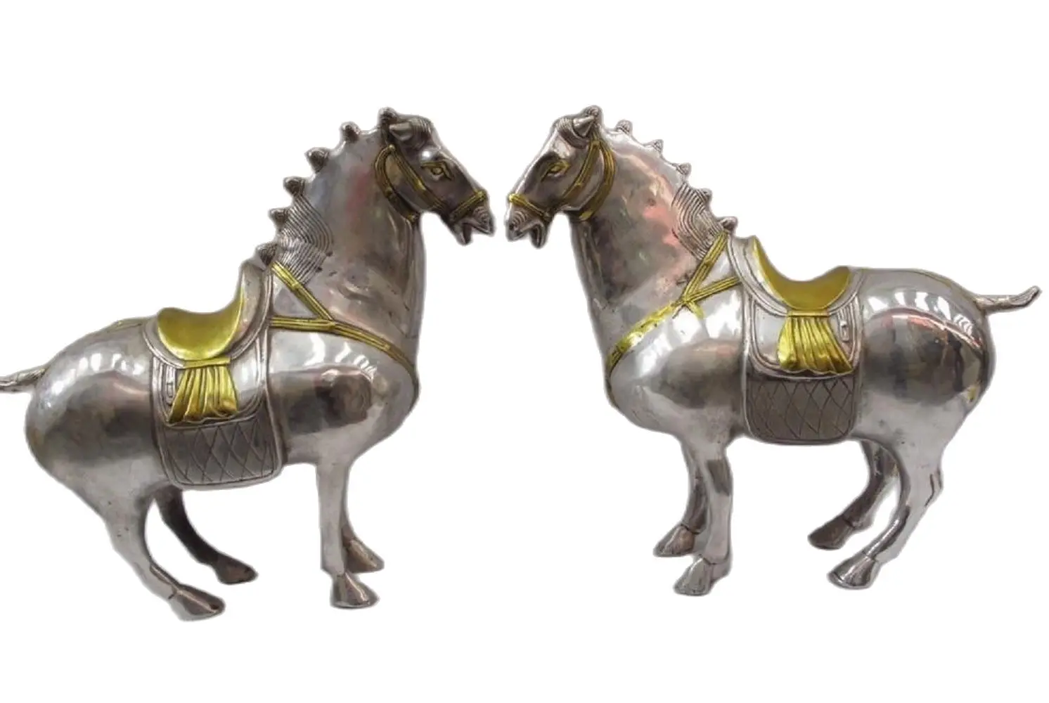 A Pair 30CM Chinese Royal White copper silver Lucky Steed Tangma War Horse Statue