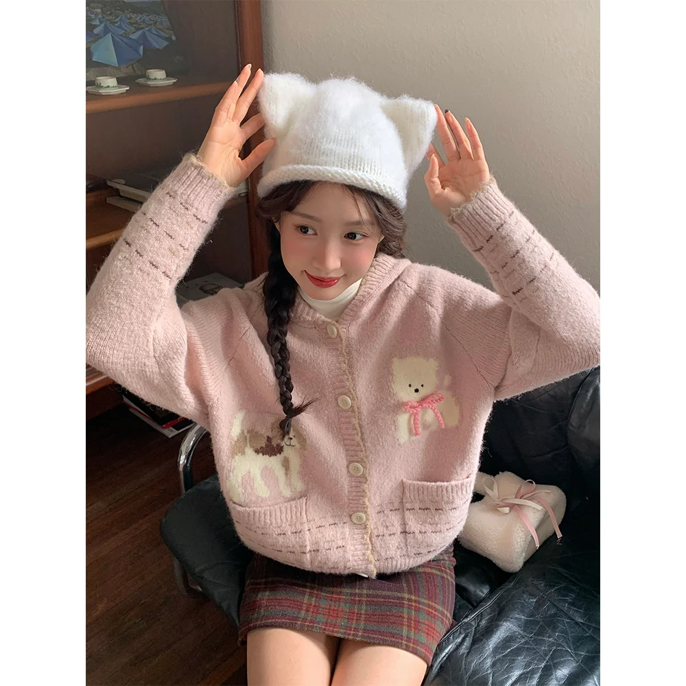 Korobov Strawberry Pink Puppy Jacquard Sweater Hooded Pocket Knit Cardigan Women\'s Clothing Sweet Loose Coat Sueters De Mujer