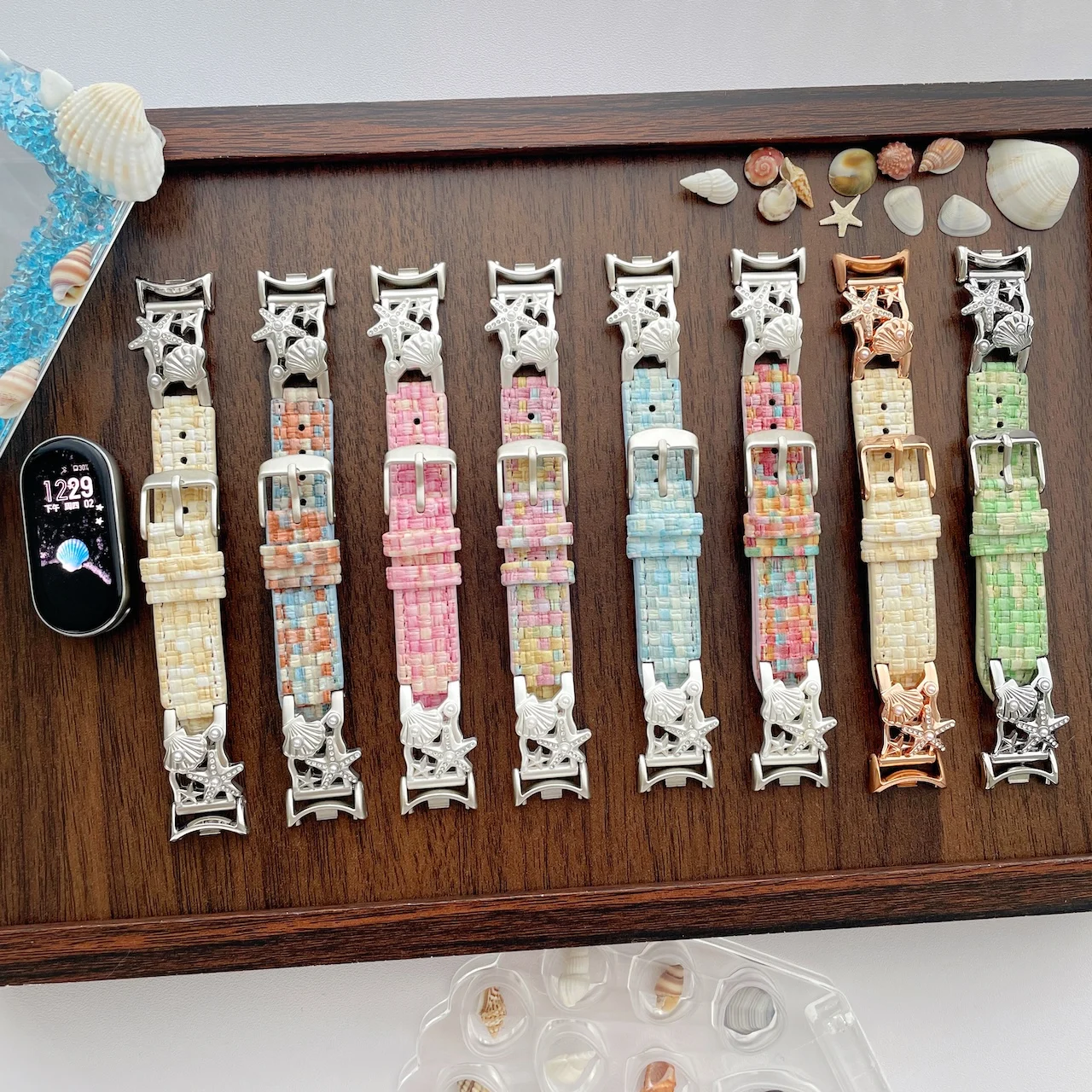 Pastel Woven Leather Shell Star Strap Fit For Xiaomi Band 8 9 10 8 Pro 9 Pro Dainty Vacation Ladies Wrist Jewelry Accessory