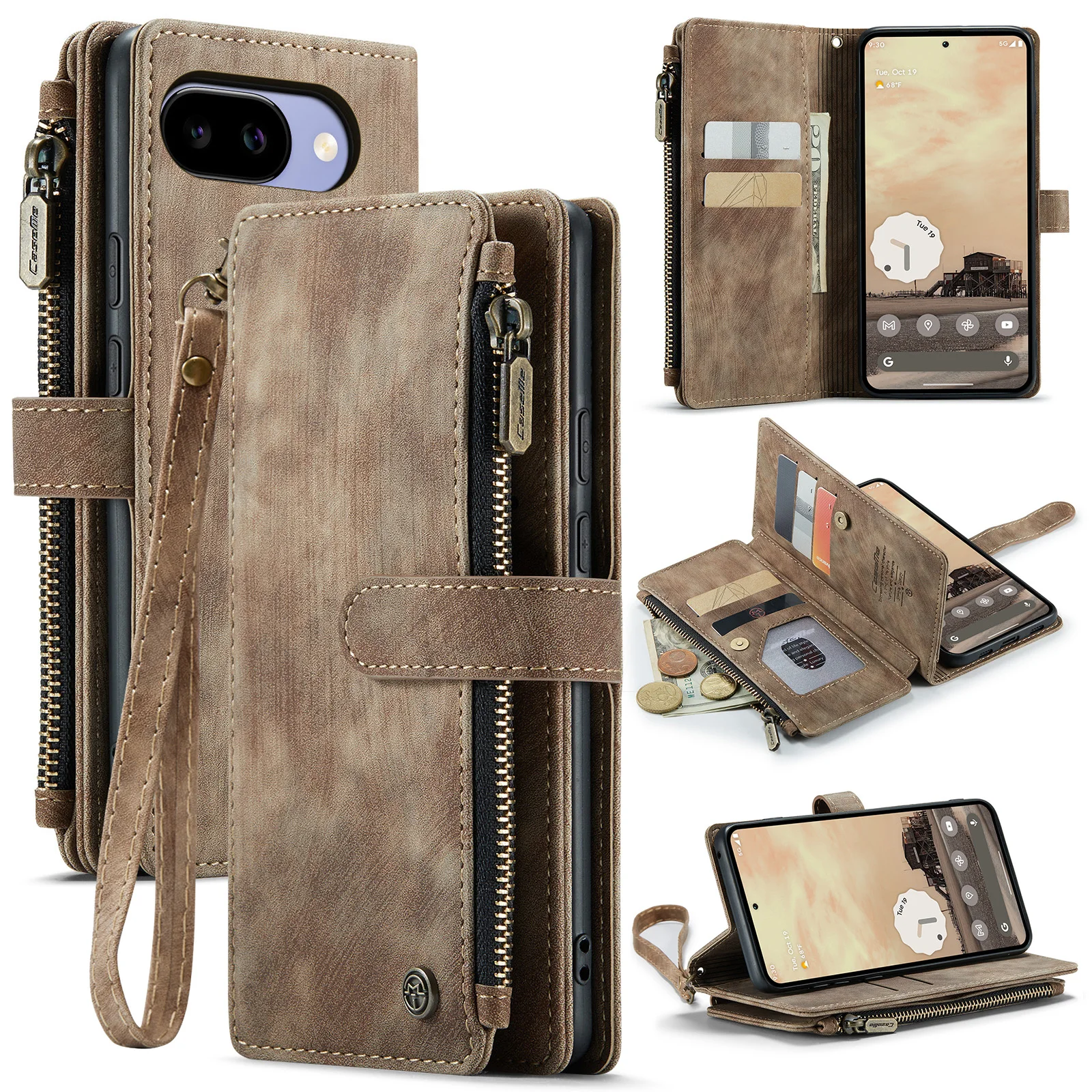 

For Google Pixel 10a Case,Caseme-C30 Luxury Retro PU Leather Wallet Case, Zipper Pocket Card Holder Flip Cover with Wrist Strap