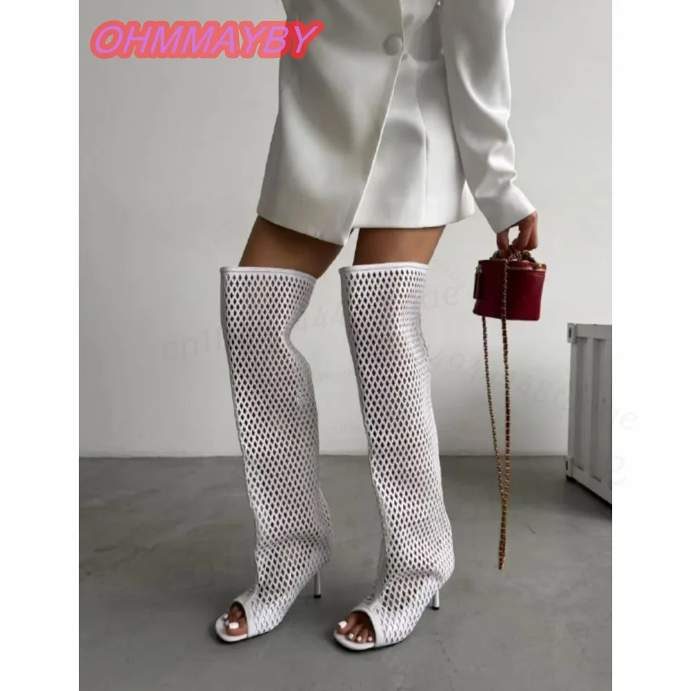 White Mesh Over The Knee Boots for Women Open Toe Slim Heels Diamond Cutout Fishnet Tall Shaft Summer Festival Party Dress Shoes