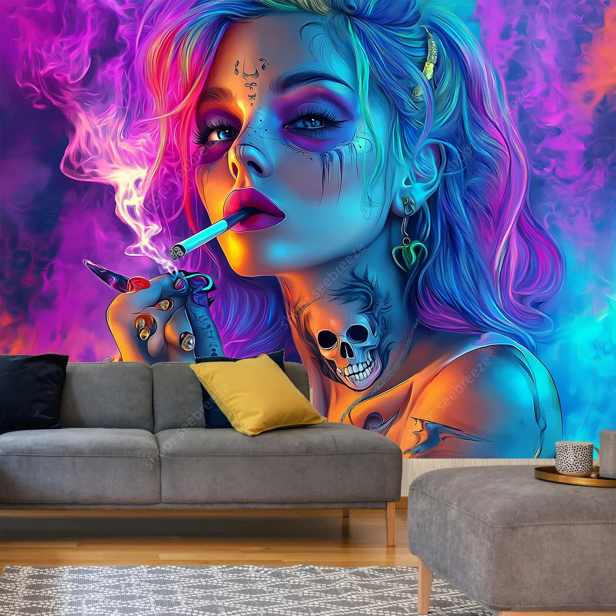 Vibrant Artistic Woman Tattoo Skull Smoke Tapestry Wall Art Modern Bohemian Home Decor Psychedelic Bedroom Studio Aesthetic