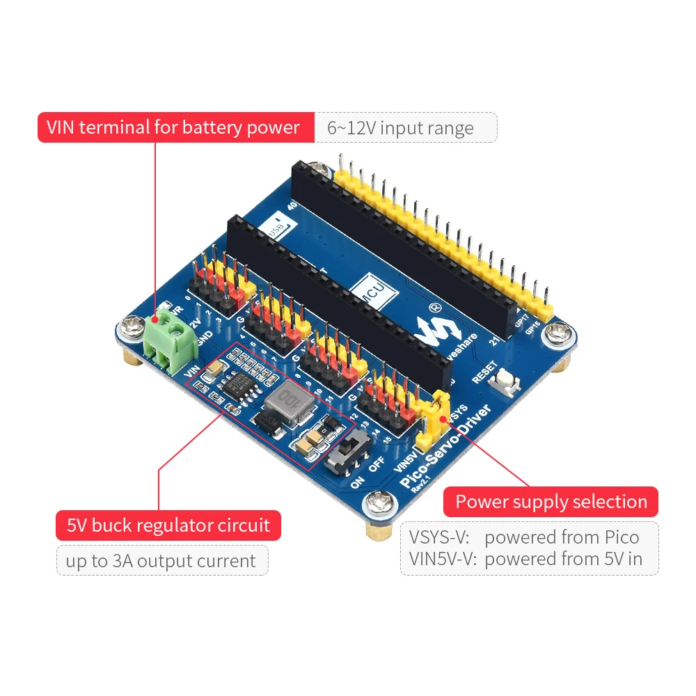 16-Channel 16-Bit PWM Servo Motor Driver Module Shield Expander Expansion Board HAT for RPI Raspberry Pi PICO RP2040 W WH