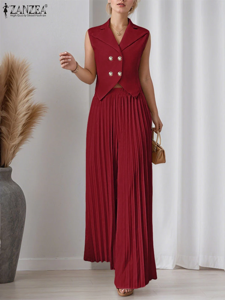 

ZANZEA Summer 2PCS Work OL Outfits Office Women 2 Piece Sets Fashion Wide Leg Pant Sets Elegant Sleeveless Vests Tops Trousers