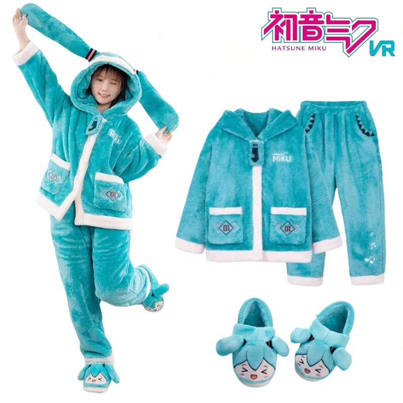 Hatsune Miku Plush Pyjama Set Hooded Warm and Cute Cartoon Loungewear Girls Are Comfortable and Soft in The Bedroom Holiday Gift