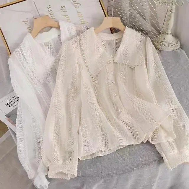 

French Style White Doll Collar Lace Shirt Design Sensible Small Audience Fashionable Women's Loose Fit Button Up Top