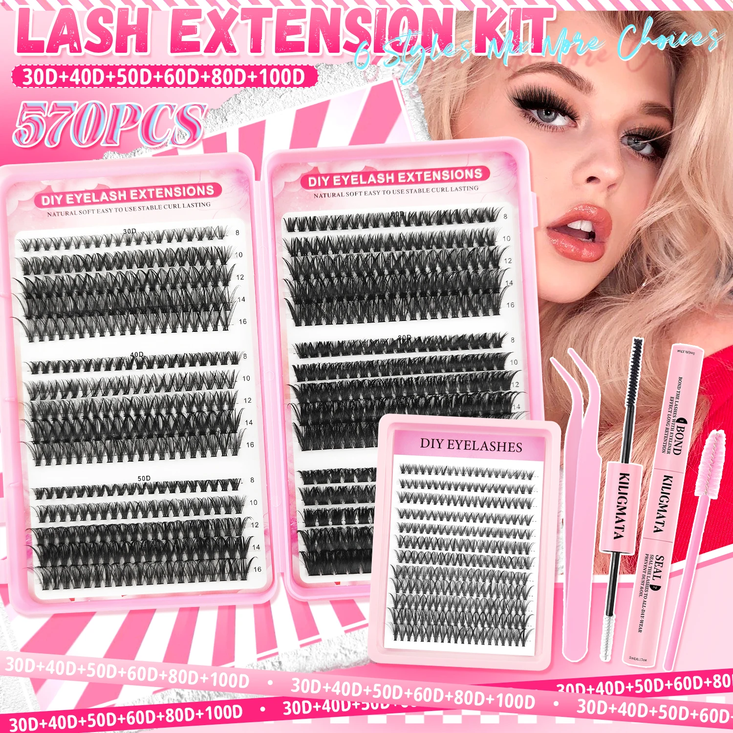 30D-100D Cluster Lashes Kit D Curl 8-16mm Mix Individual Eyelash Extensions with Lash Bond Seal Tweezers DIY False Lashes Set Fo