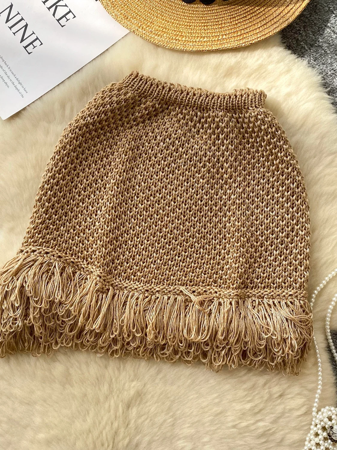 

Retro American Spicy Girl Knitted Skirt Women's Summer Tassel Worn High Waist Slimming Pure Desire ort Skirt