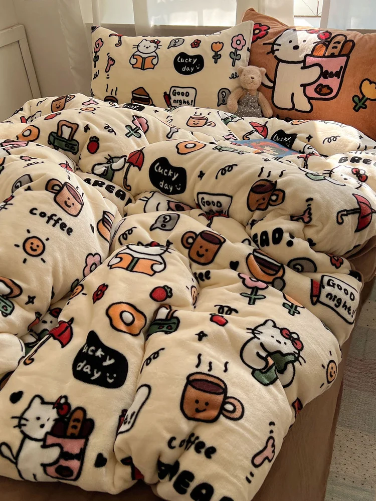 

Adorable Milk Velvet Four-Piece Bedding Set Warm Double-Sided Flannel Bedding Fitted eet Comforter Cover for Autumn Winter