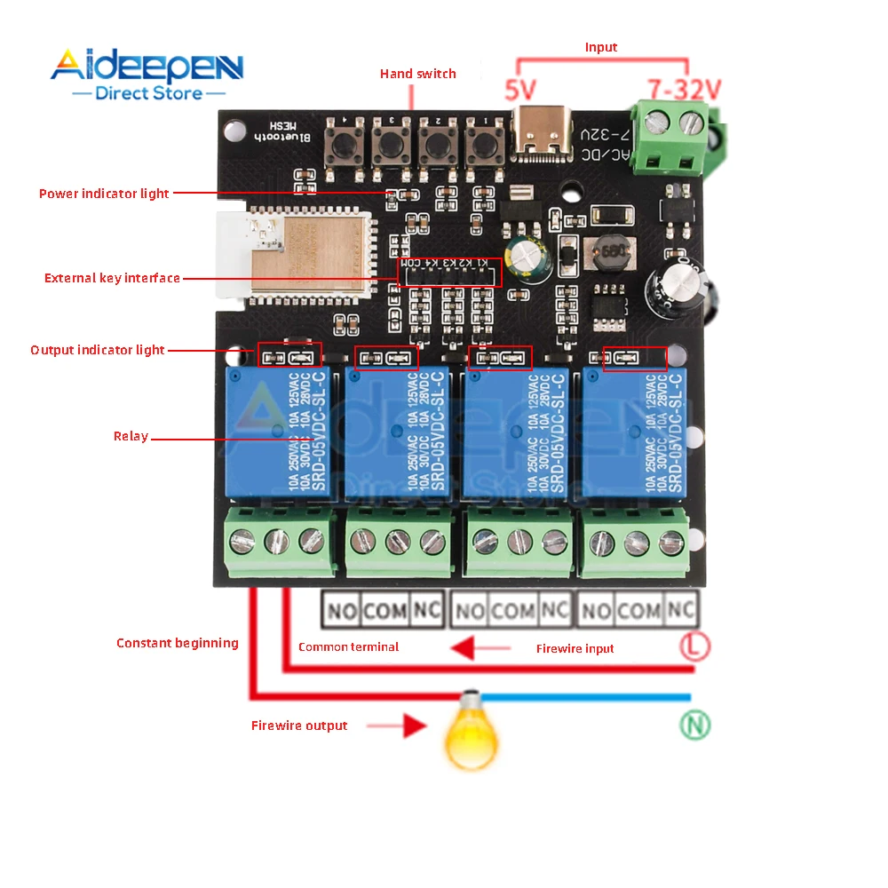 For Mijia APP Smart Relay Switch Module AC/DC 7-32V 1/2/3/4 Channel Bluetooth Time Relay Module Voice Control And Remote Control