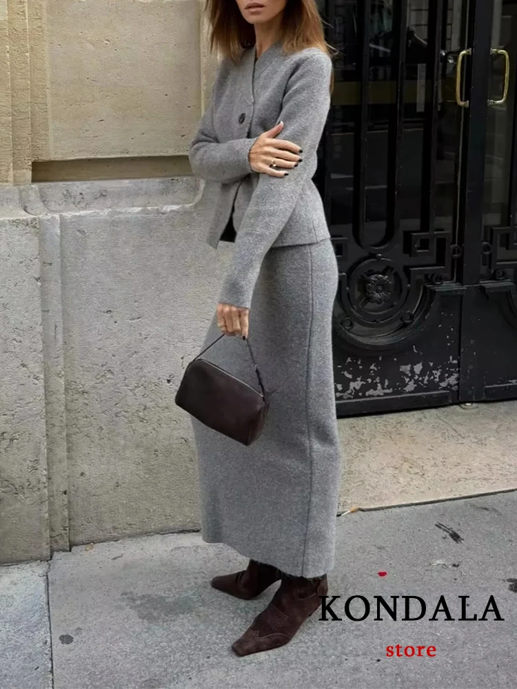 KONDALA Vintage Grey Solid Women Suit V-Neck Single Breasted Knitted Top Long Straight Skirt New Fashion 2023 Autumn Winter Sets