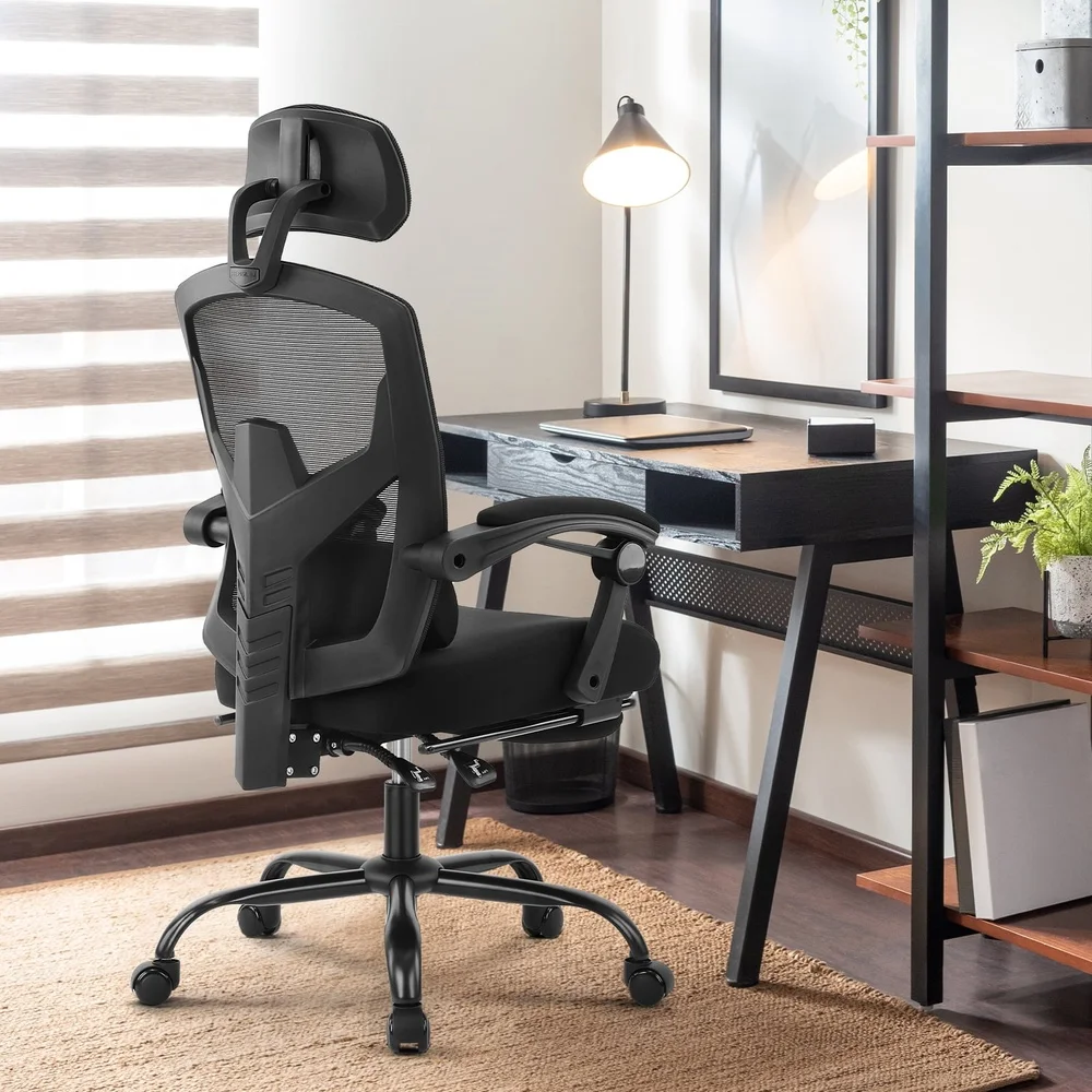 Ergonomic Office Chair High Back Mesh Reclining Lumbar Support Adjustable Headrest Footrest Padded Arms Smooth Rolling Casters