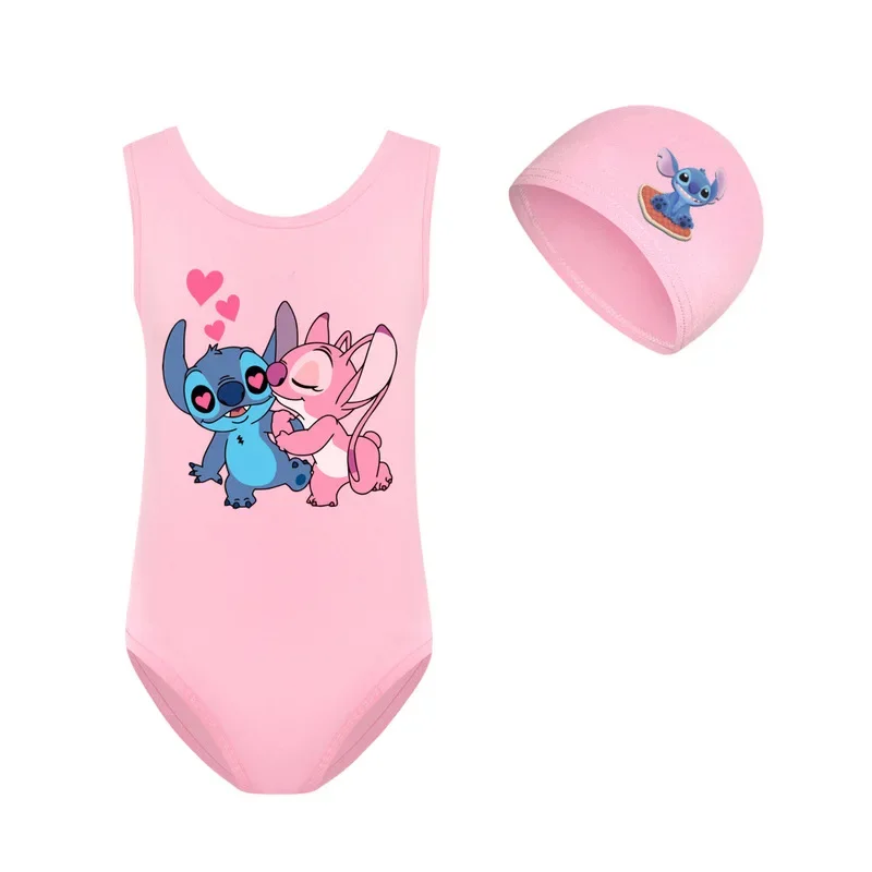 Traje de baño de dibujos animados para niños y niñas, conjunto de gorro de natación de Lilo & Stitch, atuendo de movimiento para aprender a nadar, Tops de 3 a 14 años