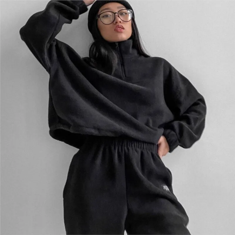 2024 Women Fleece Suit Loose Long Sleeve Sweatshirt and High Waist Trousers 2 Pieces Set Female Fashion Winter Warm Tracksuit