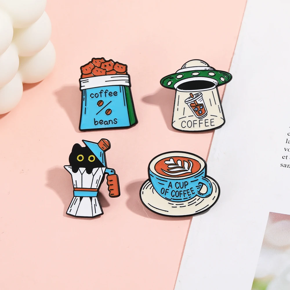 Funny Coffee Theme Enamel Pins UFO Beans Black Cat Machine Design Coffee Brooches Bag Backpack Badge