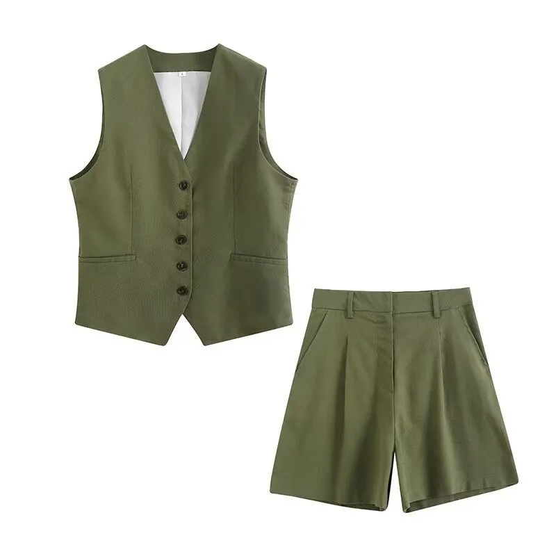 

fashion Women Vinatge Fashion Shorts Set Solid White Sleeveless Vest+Pockets Pants Female Two Pieces Set Street Roupa De Mujer
