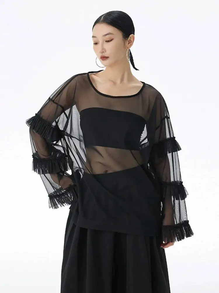 

Women Black Mesh Perspective Ruffles Big Size T-shirt New Round Neck Long Sleeve Fashion Tide Spring Autumn
