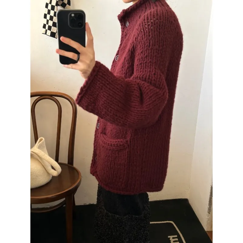 Pull tricoté de luxe fait à la main pour femmes, haute Intelligence, Style vieil argent, manteau épais, manteau 100% laine, Cardigan