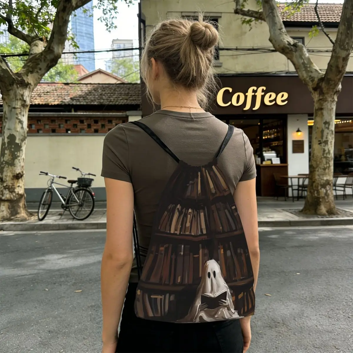 

Cartoon Ghosts Reading A Book Under Trees Backpacks Portable Drawstring Bundle Pocket Sports Bag Book Bags for Man Woman Student
