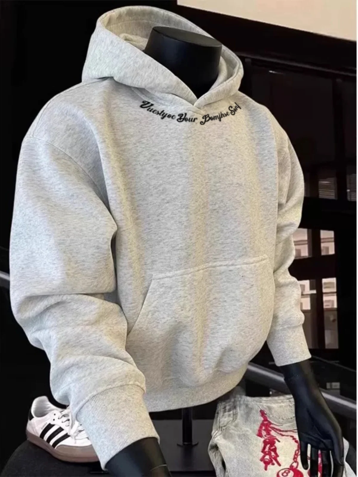

Men's Hoodie Sweatirt Thiened Fce Warmth Retro American Sle Autumn Winter Coat with Hat White Flower ey Color