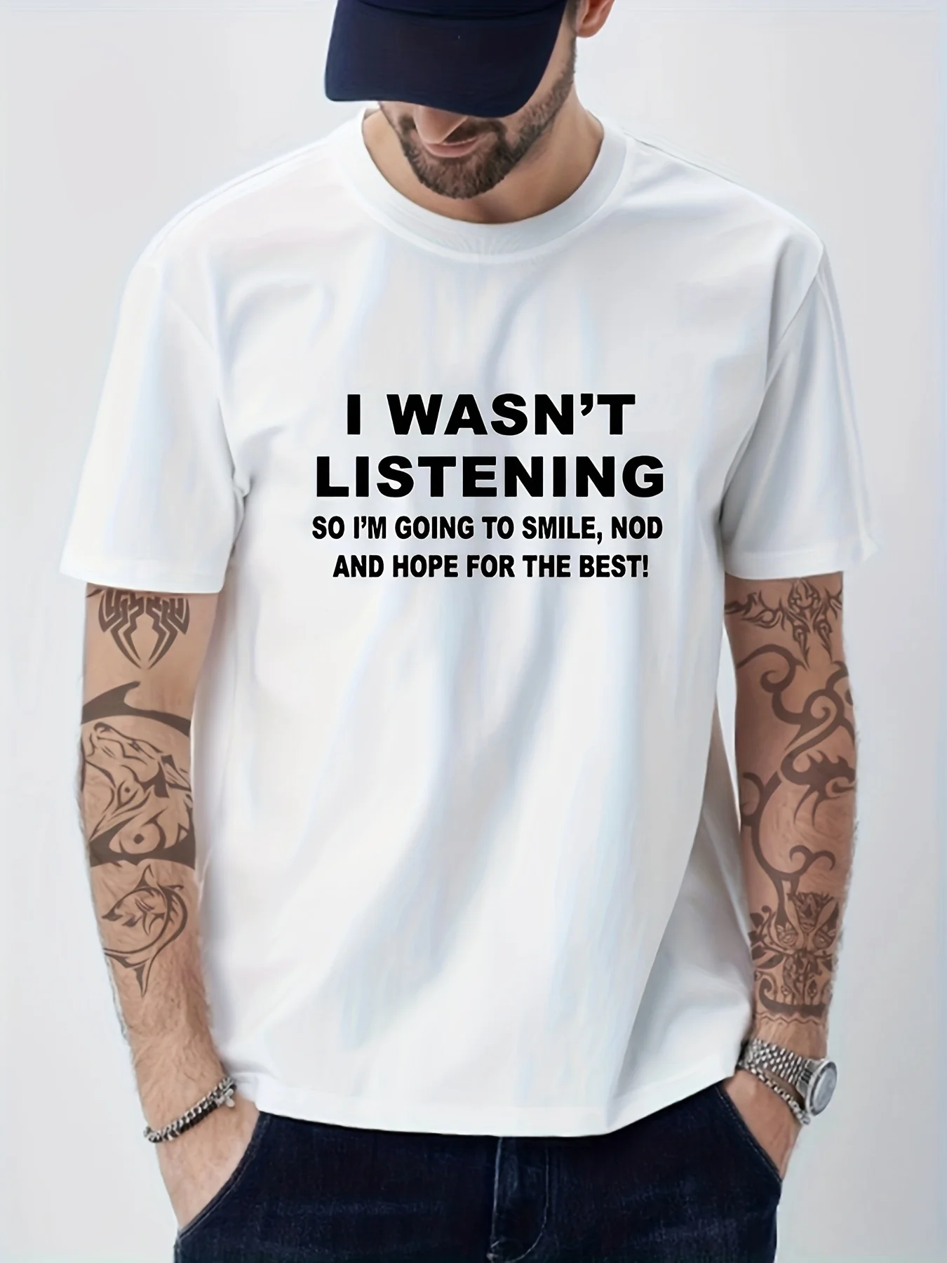 

Solid Cotton Funny I Wasn't Listening Print, Men's Graphic Design Crew Neck T-shirt, Casual Comfy Tees Tshirts For Summer,