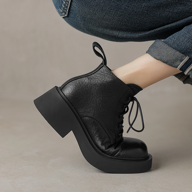 Genuine Leather Women Ankle Boots Lace Up Spring Autumn Sheepskin Woman Shoes Round Toe Mid Heel Winter Black Brown Retro Boots