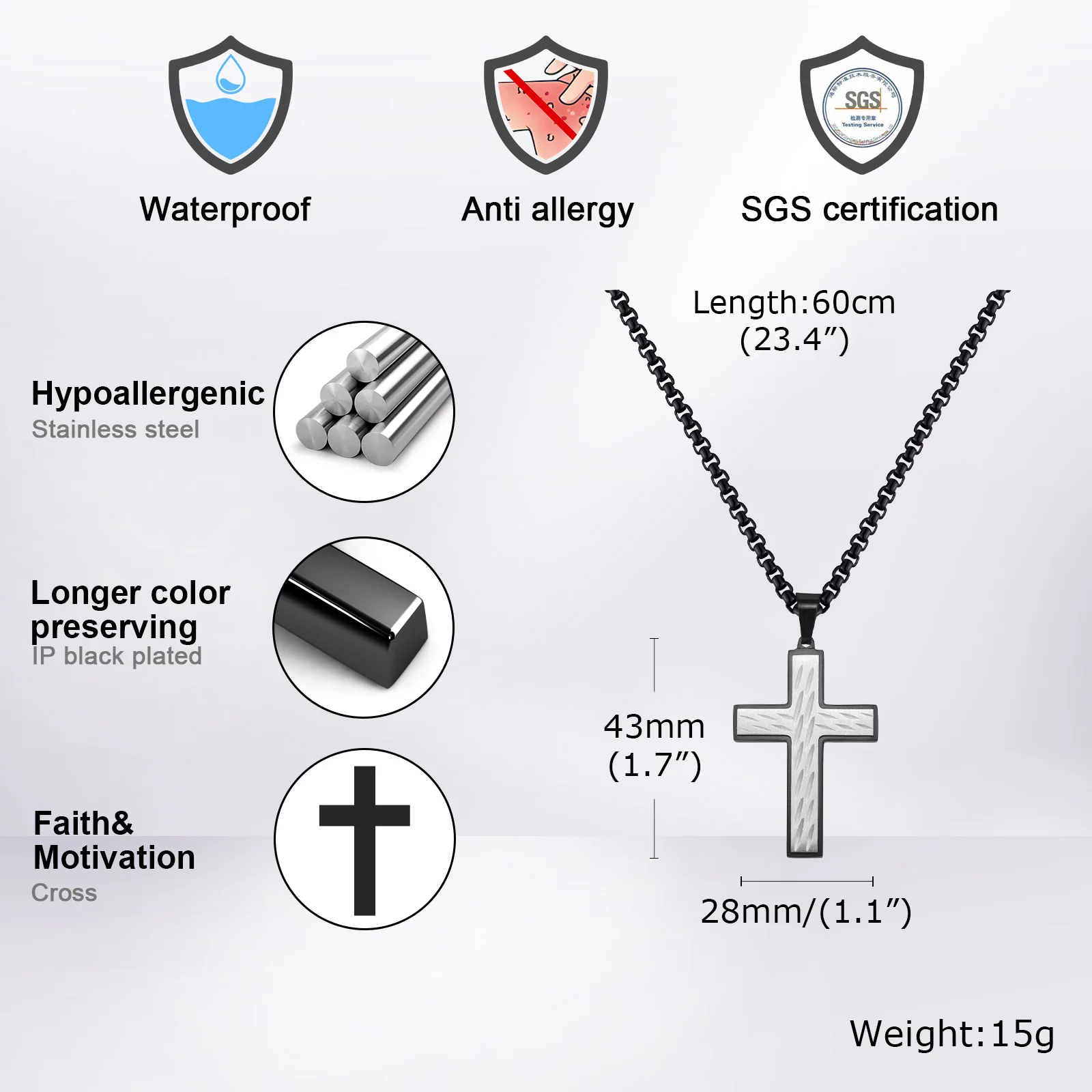 Vnox Oblique Knife Patterned Striped Pendant Two Tone Thickening Men Cross Necklaces Gifts Religious Pendant Christian Jewelry