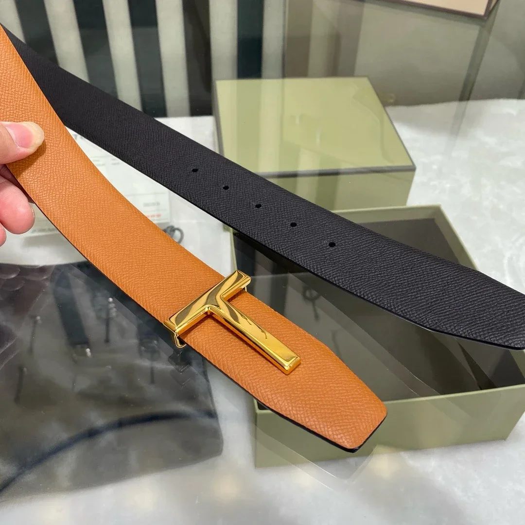 Top Luxury Designer Brand Brass T Buckle Belt Men High Quality Genuine Real Leather NEW Fashion Jeans Waistband Business Grey