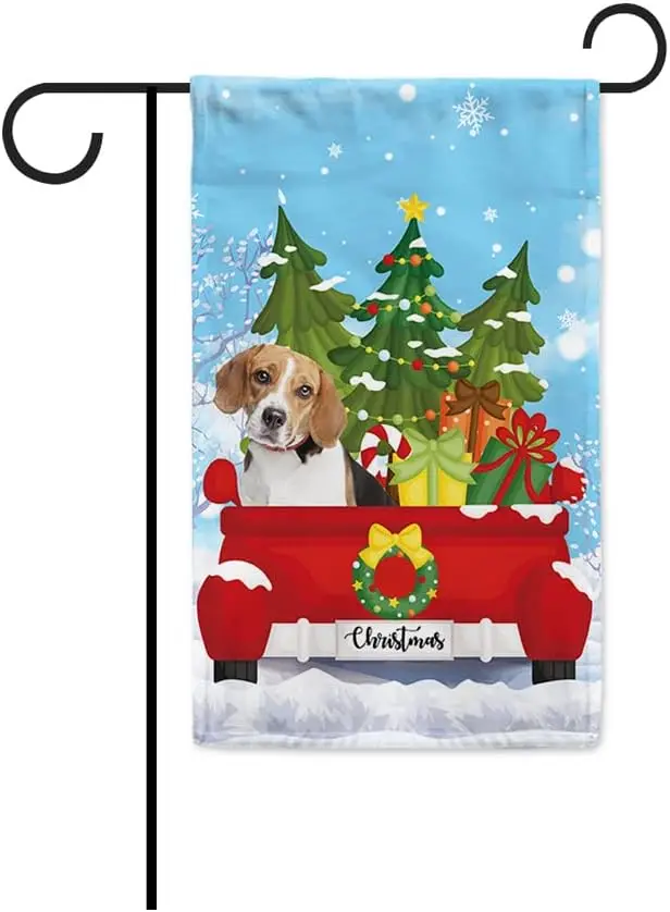 BAGEYOU Christmas Winter Dog Decor Garden Flag Beagle Red Truck Snow Xmas Tree Gift Home for Yard Outside 12.5X18 Inch Do