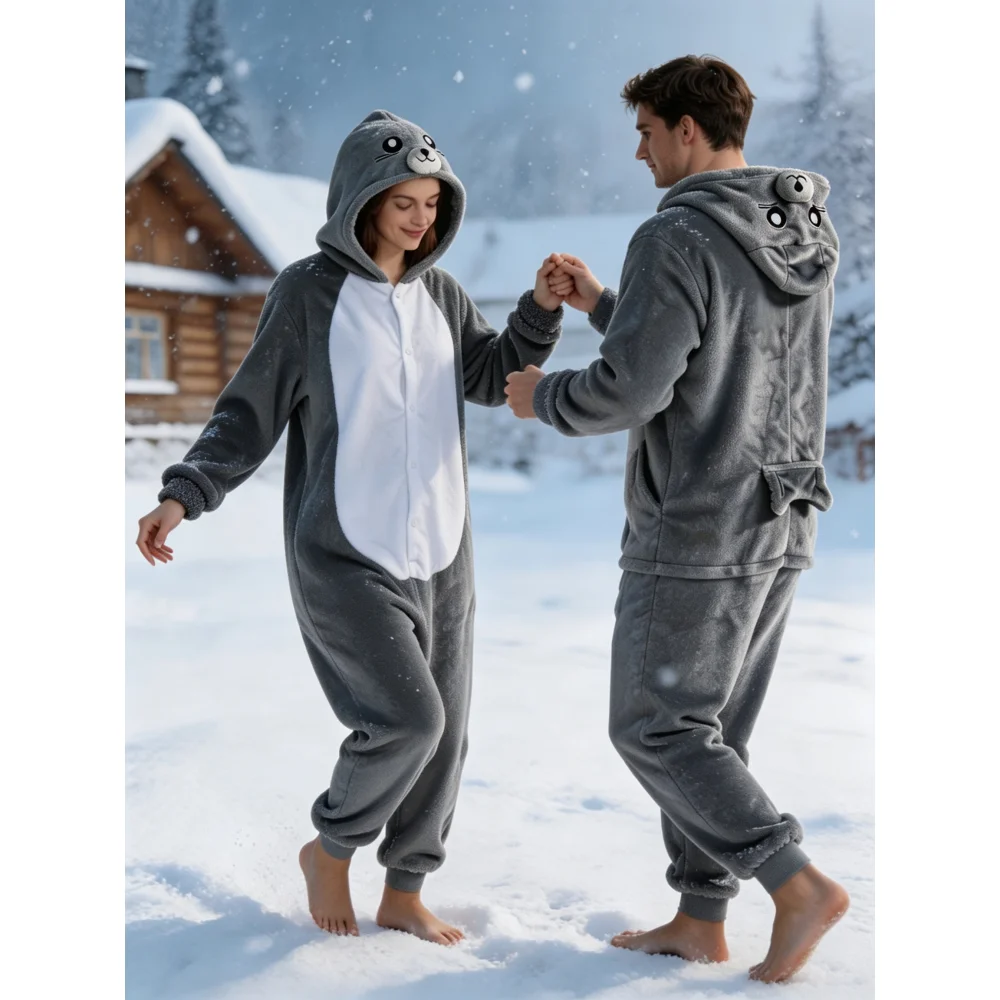Adult flannel winter warm jumpsuit pajamas, sea lion Halloween costume, cosplay costume, same style for both men and women