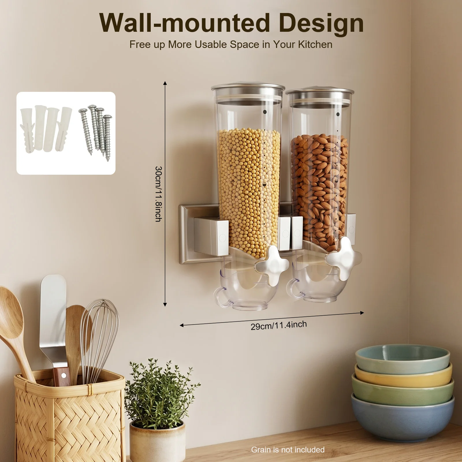 Wall-Mount Dry Goods Dispensers 3L Cereal Double Buckets Dry-Food Container Column Grain Storage Bin Kitchen Storage Organizer for rice,small beans,flour,oats,sugar,nuts,dry grains,coffee beans,cat/dog food
