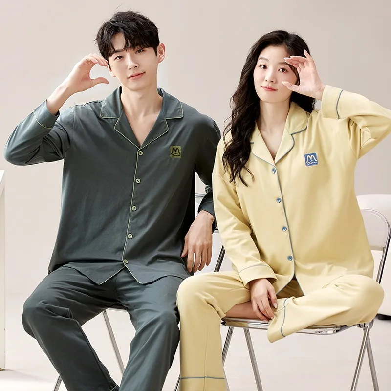 Youth Couple\'s Pajamas Autumn Cotton Soft Men and Women Matching Lounge Wear Lapel Cartoon Printed pijamas para parejas