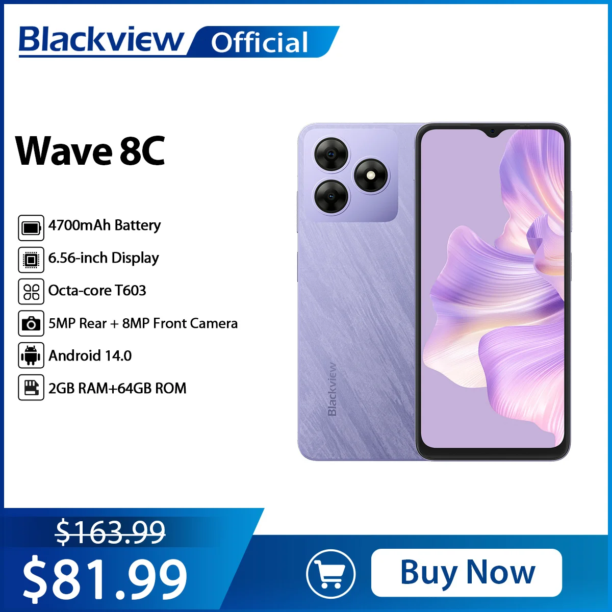 

Blackview Wave 8C Smartphone 6.56'' HD+IPS Display,Octa Core T603 2GB+64GB,4700mAh Battery Cell Phone 8MP Camera Android 14