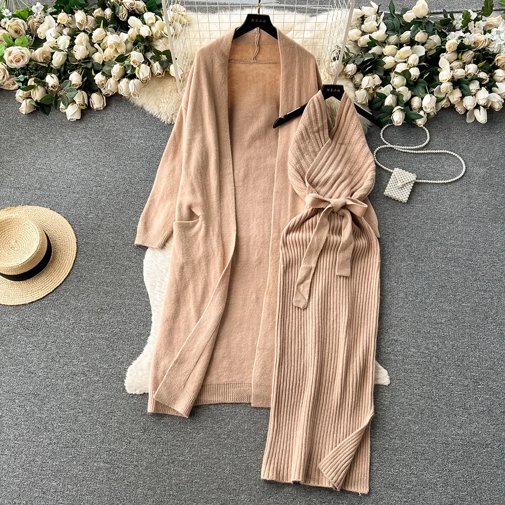 Croysier Autumn Winter Knit Co Ord Sets For Women Elegant Belted Long Cardigan And Halter Bodycon Midi Dress Sets Womens 2 Piece