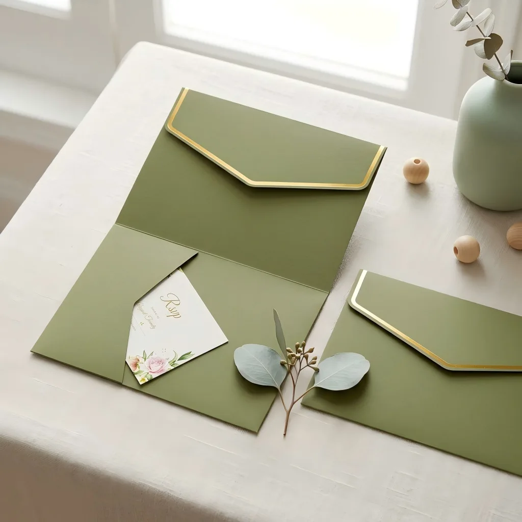 

30pcs Tri-fold Pocket Fold Light Green/Blue Wedding Invitation Gilding Cover, 250g Paper Simple 5x7in Envelope Greeting Card