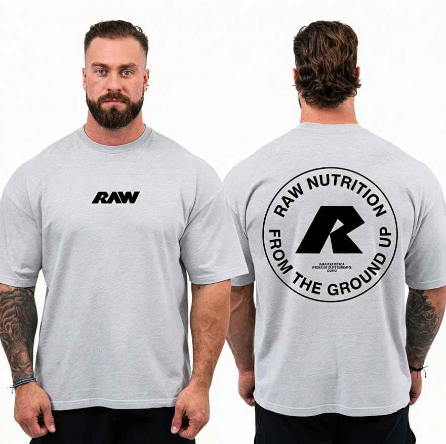 Raw Nutrition T-Shirt Men Oversized Double Sided Graphic Tee From The Ground Up Logo Gym Bodybuilding Workout Casual Cotton Tops