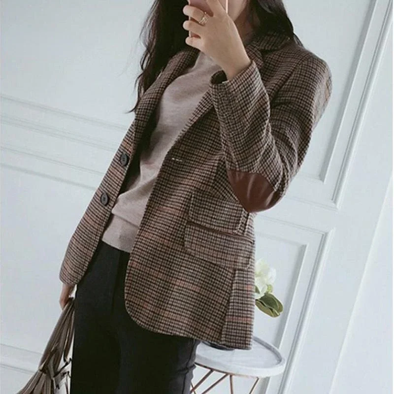 British Style Slim Women Plaid Blazers Patch Elbow Patchwork Women Classic Blazers Coat Formal Lady Single Breasted Outwear Coat